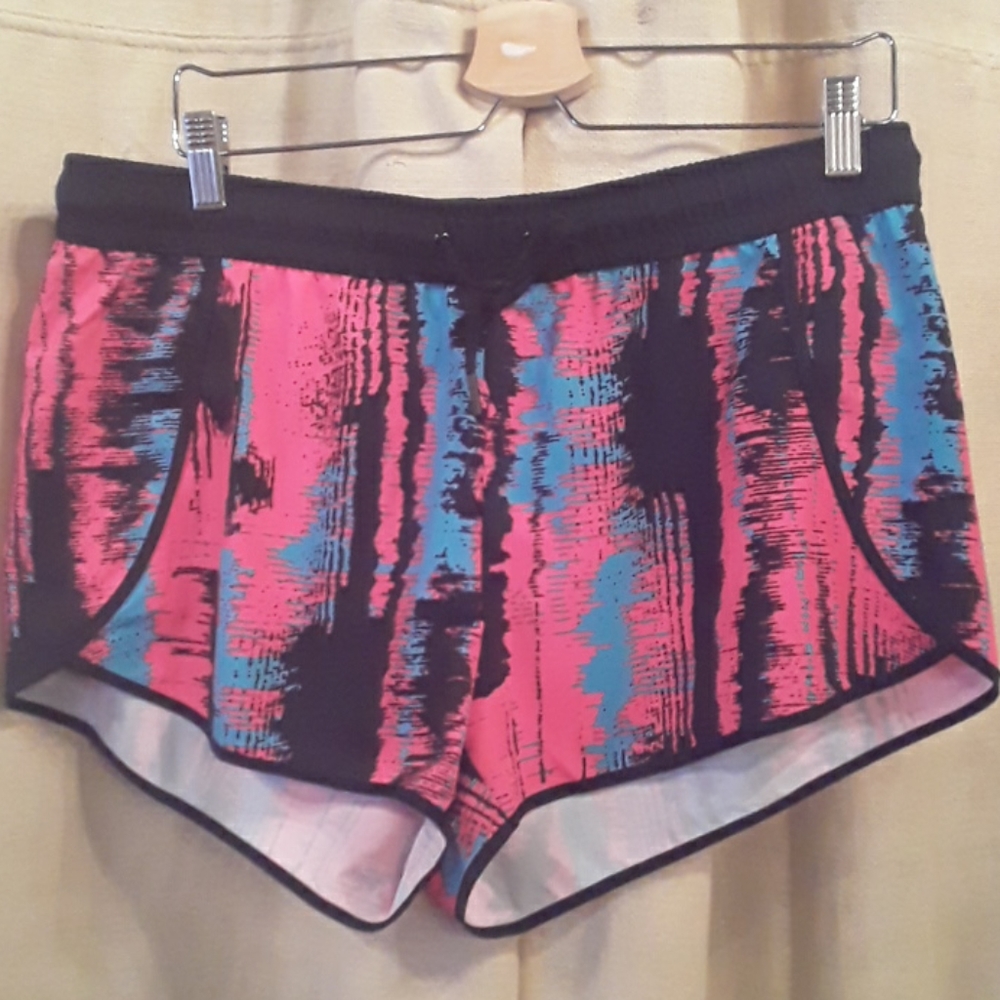 Black/teal/coral exercise shorts